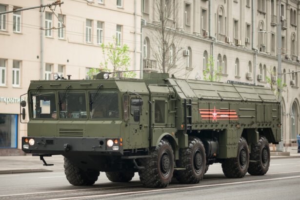 Russian 9K720 Iskander-M ballistic missile launcher vehicle, close-up side view