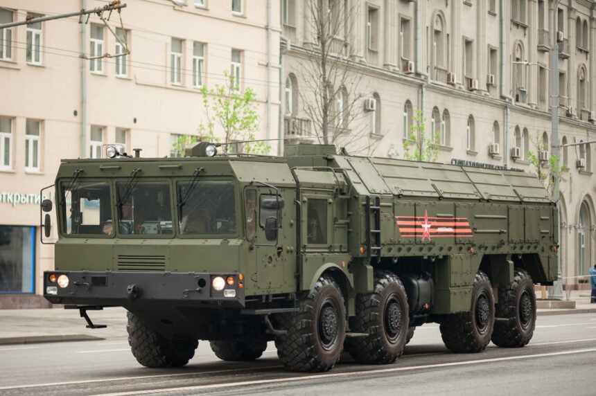 Russian 9K720 Iskander-M ballistic missile launcher vehicle, close-up side view