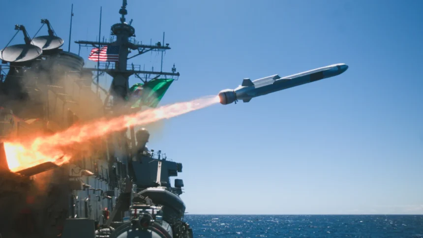 Naval Strike Missile leaving the launcher of USS Fitzgerald during RIMPAC 2024 off Hawaii