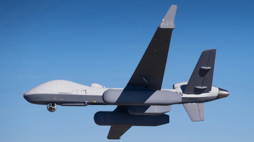 MQ-9B uncrewed aircraft carrying Saab LoyalEye airborne early warning radar pods in flight over a blue sky