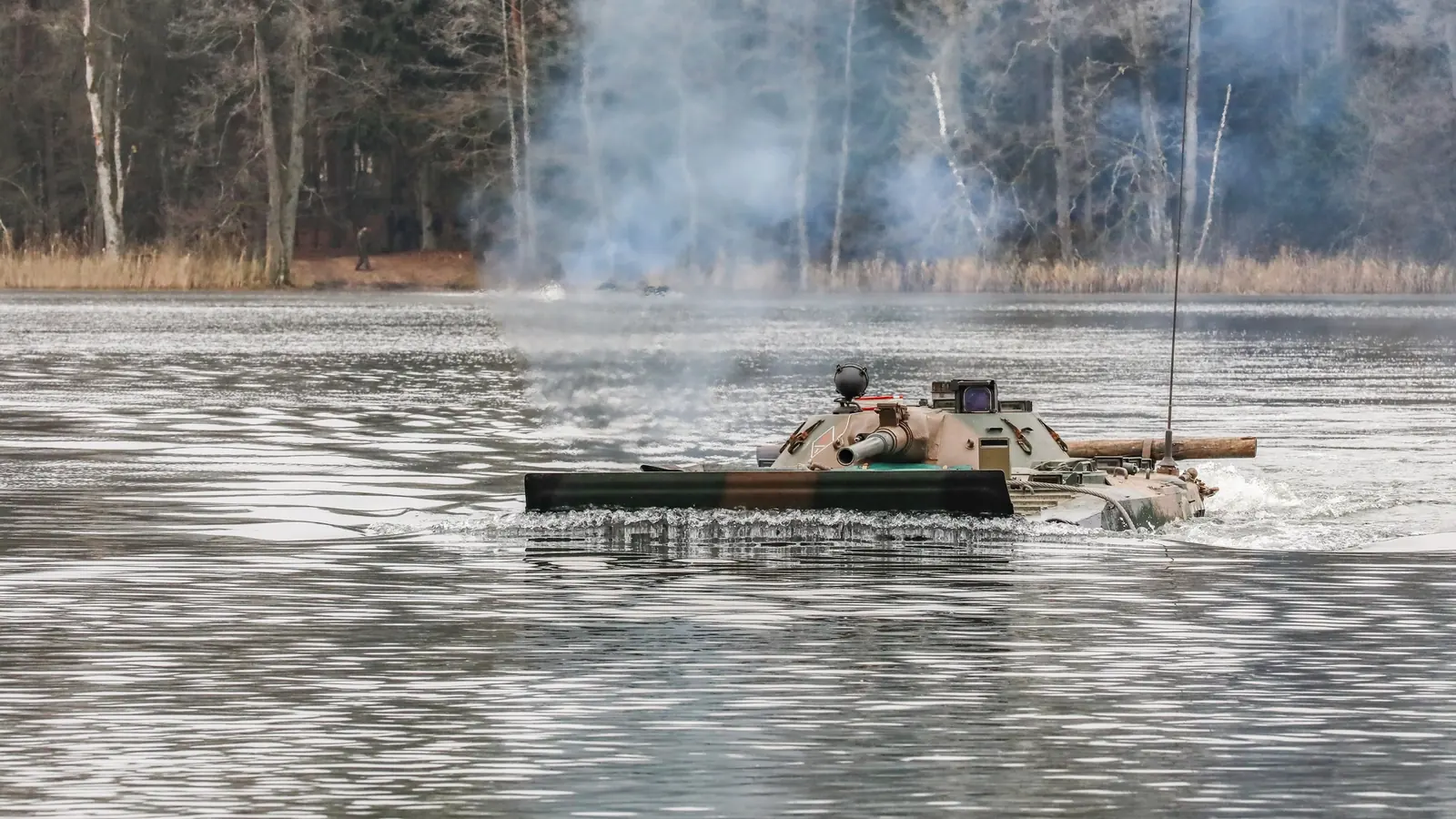 Allied infantry fighting vehicle during a wet-gap crossing near Bemowo Piskie, Poland