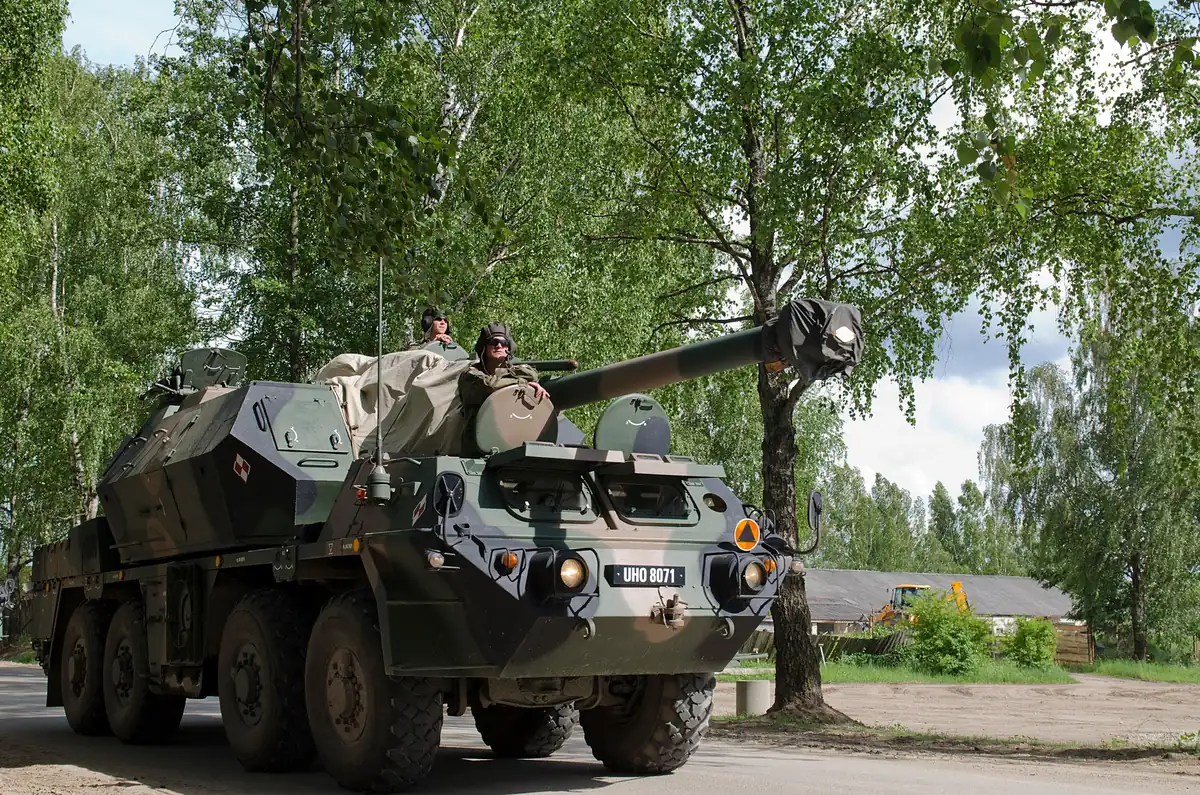 Polish Dana self-propelled howitzer on a road during a NATO Suwalki Gap movement into Lithuania