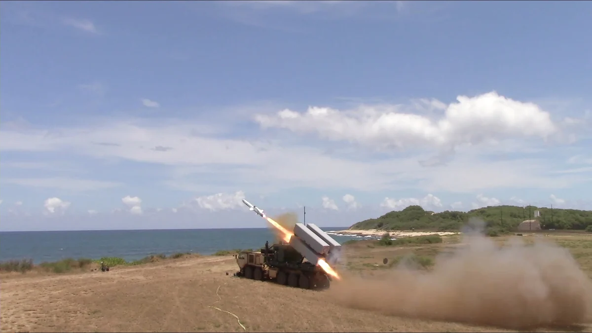 Naval Strike Missile launched from a US Army truck on a Hawaiian beach during RIMPAC 2018