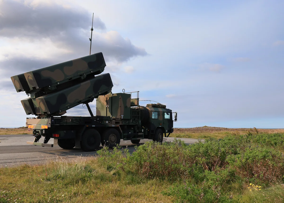 Polish Navy Naval Strike Missile mobile launch vehicle in raised firing position at Keflavik Air Base, Iceland