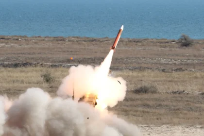 Romanian Patriot interceptor leaving its launcher in a cloud of smoke on the Black Sea coast