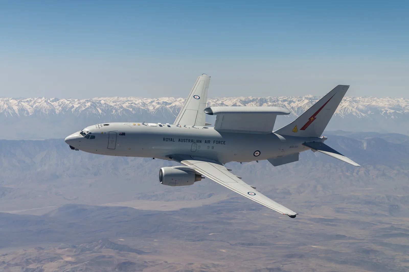 Royal Australian Air Force E-7A Wedgetail A30-001 in flight over Southern California with its MESA radar on top of the fuselage