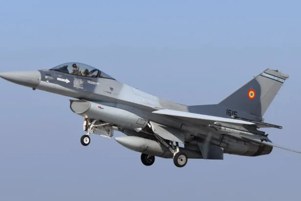 Romanian Air Force F-16 Fighting Falcon with its landing gear down on approach to Borcea Air Base