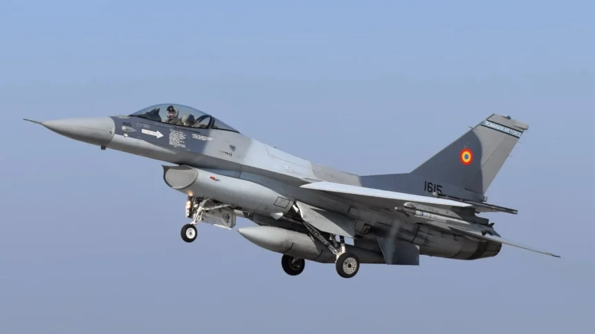 Romanian Air Force F-16 Fighting Falcon with its landing gear down on approach to Borcea Air Base