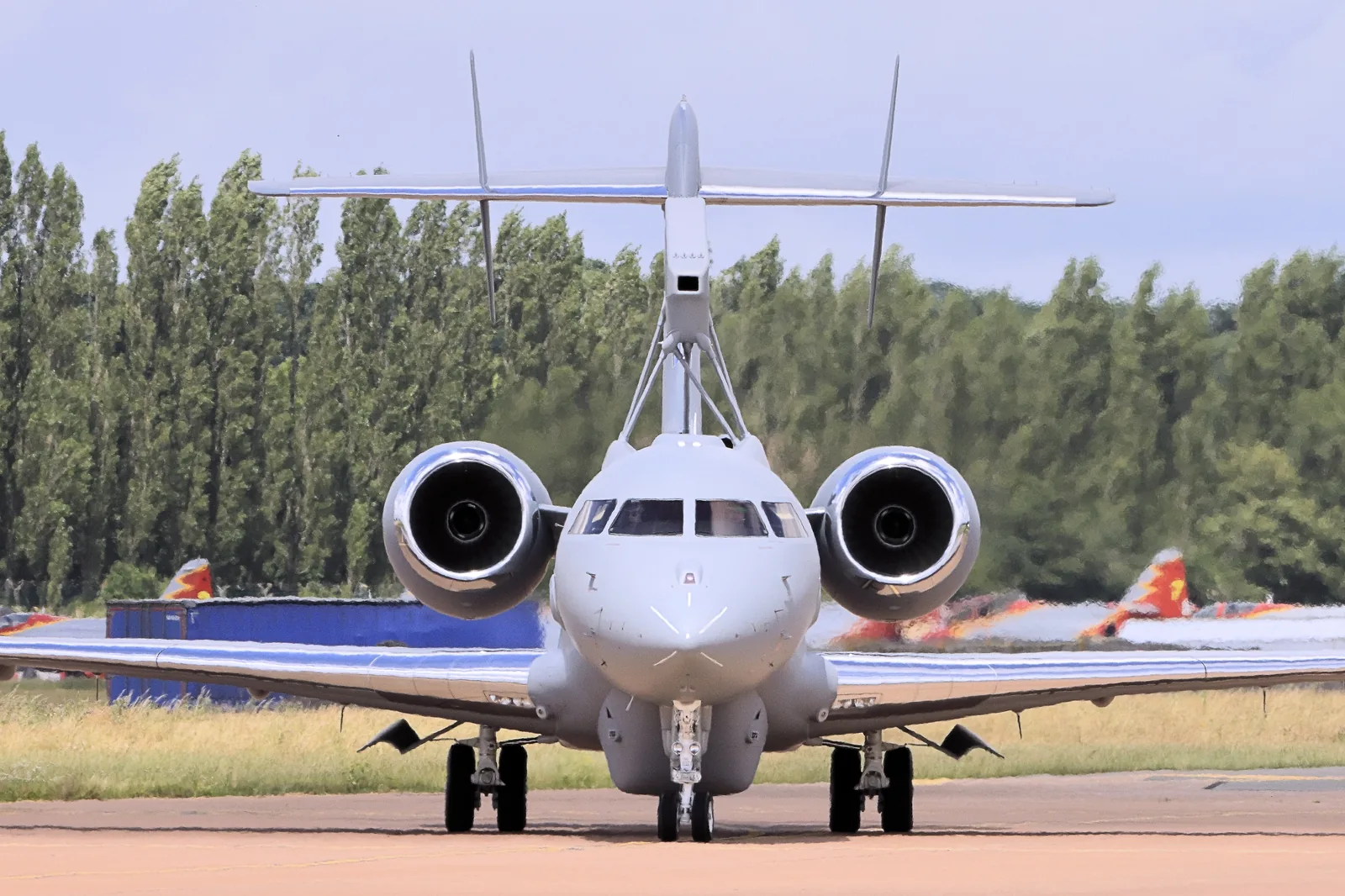 Saab GlobalEye AEW&C aircraft seen head-on on the ground with its Erieye ER radar above the fuselage