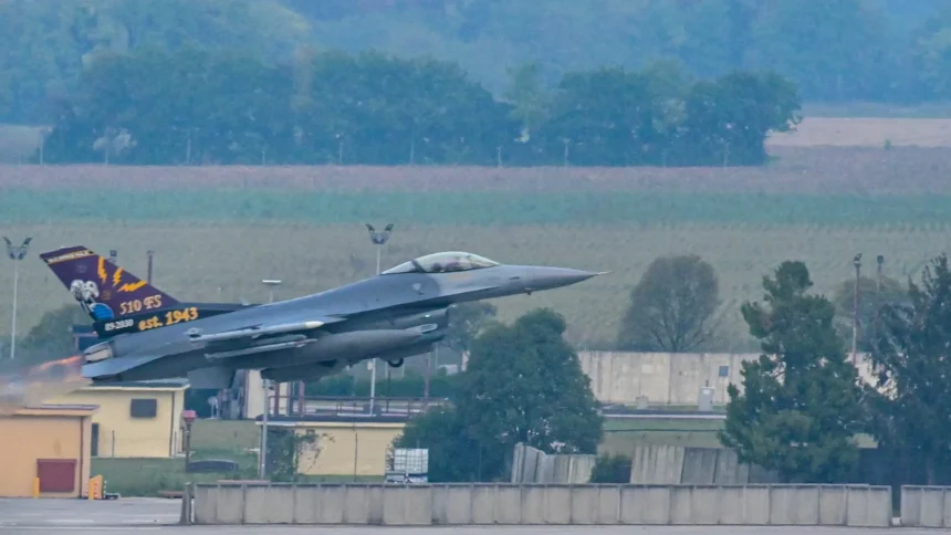 US Air Force F-16 Fighting Falcon taking off for Steadfast Noon in northern Italy